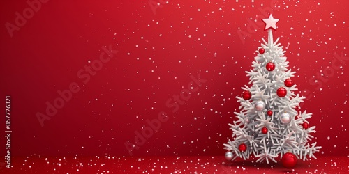 The White Christmas Tree with Red Ornaments on a Snowy Red Background enhances the holiday celebration with elegance, cheer, joy, and beauty, adding a festive touch to the festivities