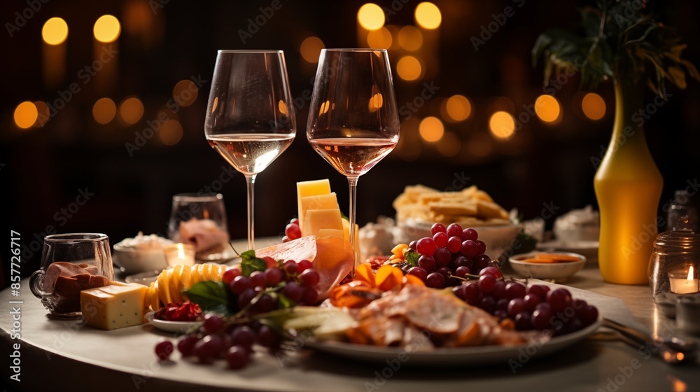 sophisticated and tasteful restaurant table Wine Appetizers and a glass on the bar table romantic ambiance with soft lighting for the dinner service menu sophisticated and tasteful restaurant table Wine Appetizers and a glass on the bar table romantic ambiance with soft lighting for the dinner service menu