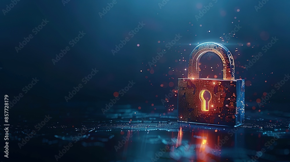 Digital padlock on a dark blue background representing cyber security technology for fraud prevention and data privacy protection in computing systems. Digital padlock on a dark blue background representing cyber security technology for fraud prevention and data privacy protection in computing systems.