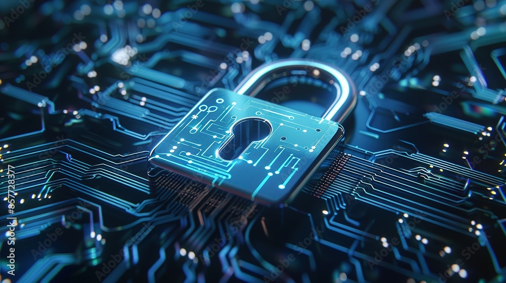 Digital padlock on a dark blue background representing cyber security technology for fraud prevention and data privacy protection in computing systems. Digital padlock on a dark blue background representing cyber security technology for fraud prevention and data privacy protection in computing systems.