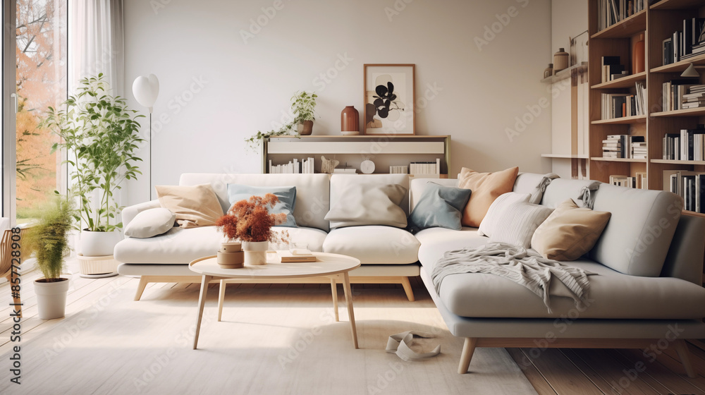 Fototapeta premium The exquisite living room with its comfy carpet, mid-century furniture, white walls, and indoor plants epitomizes modern Scandinavian home interior design
