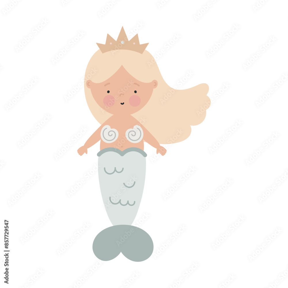 Cute mermaid. Flat cartoon vector illustration isolated on white background. For card, posters, stickers, banners, printing on the pack, printing on clothes, fabric, wallpaper. Cute mermaid. Flat cartoon vector illustration isolated on white background. For card, posters, stickers, banners, printing on the pack, printing on clothes, fabric, wallpaper.