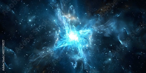 A glowing star emits blue rays in a space explosion. Concept Space, Stars, Blue Rays, Explosions, Glowing Star photo