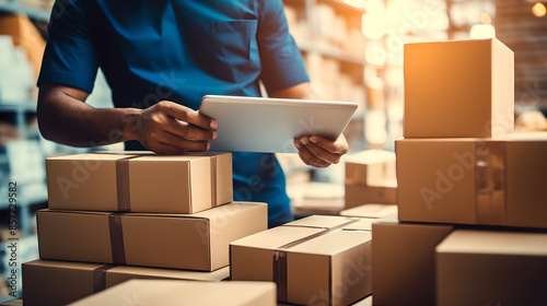 black Worker using a tablet to manage and organize cardboard boxes in a warehouse, emphasizing modern inventory management. Concept of logistics, technology, and efficiency.
 photo