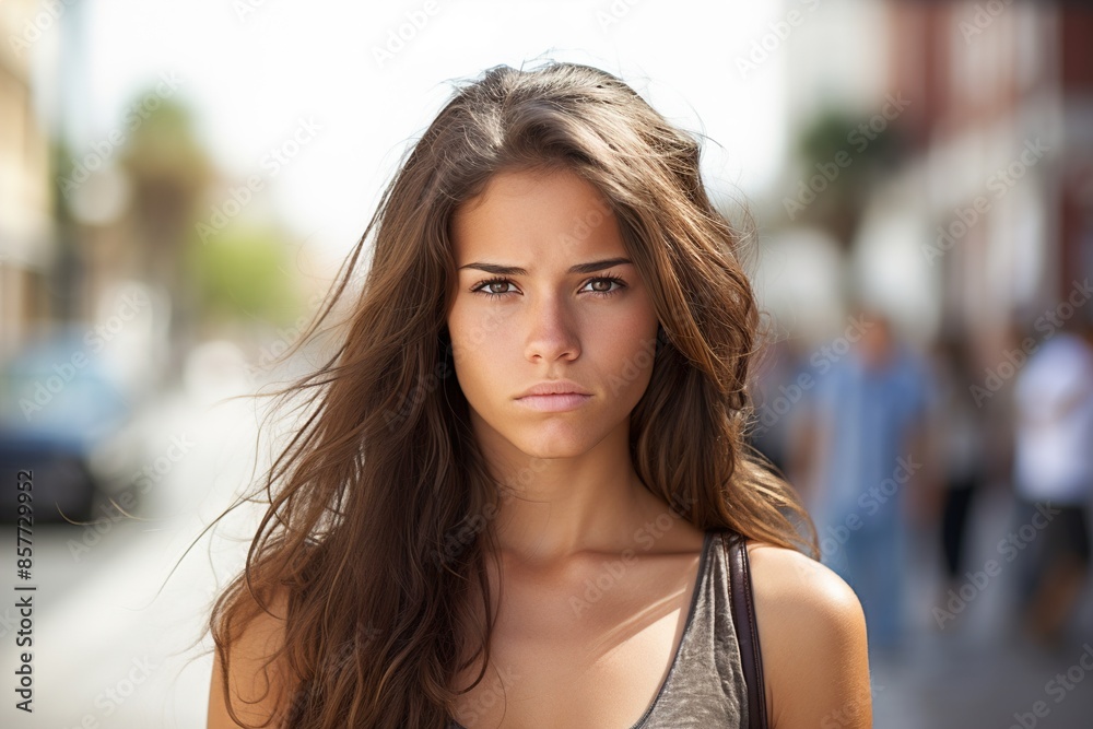 Fototapeta premium A woman with long hair is standing on a street