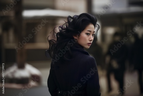 A woman with long hair is standing in front of a building