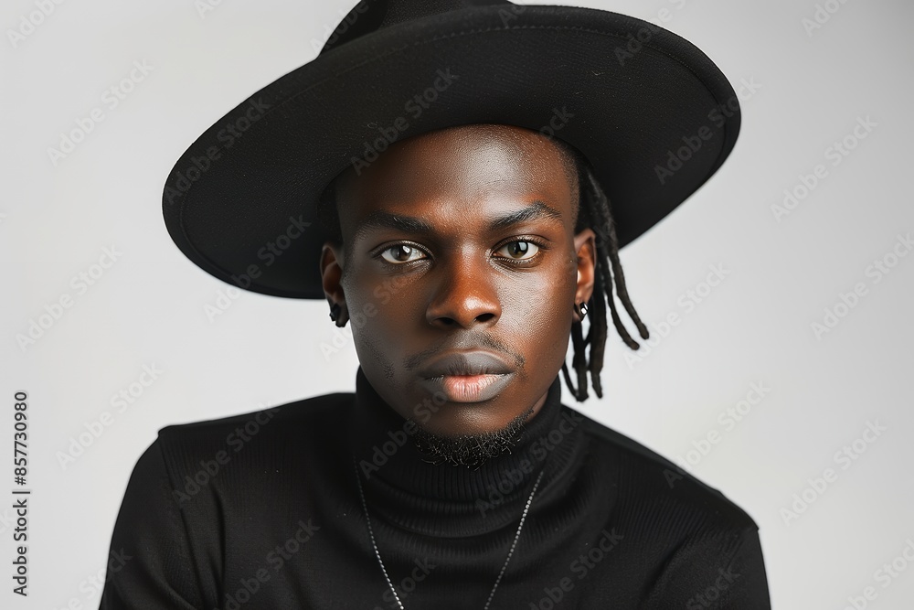 handsome black man with wide hat, white background, studio portrait, wearing allblack turtleneck sweater, fashion magazine aesthetic, 35mm lens handsome black man with wide hat, white background, studio portrait, wearing allblack turtleneck sweater, fashion magazine aesthetic, 35mm lens