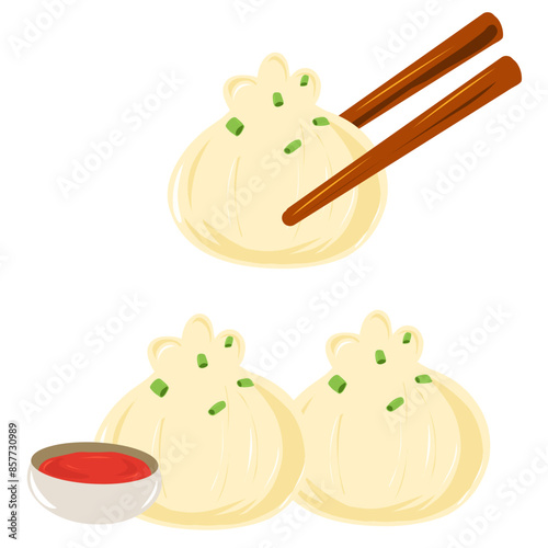 Vector art illustration of dimsum dumpling with chopsticks and sauce
