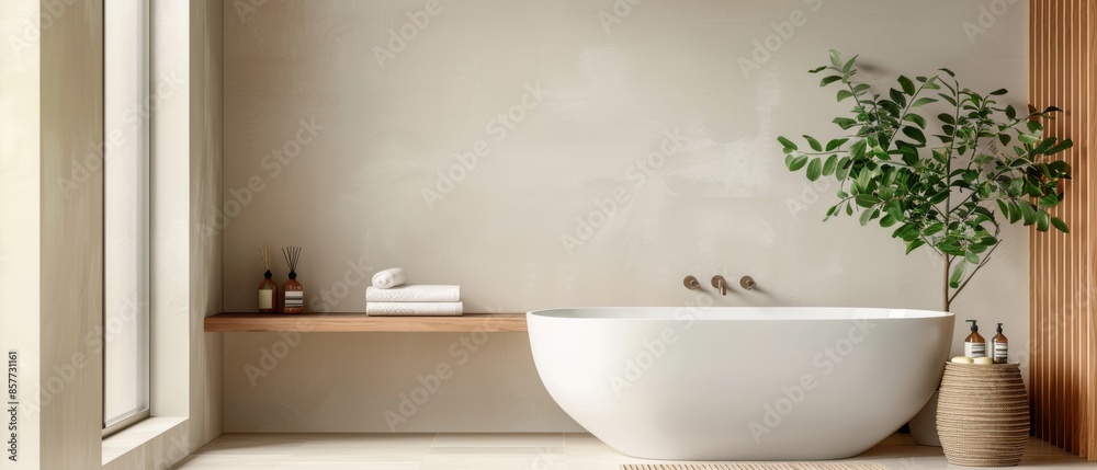 Fototapeta premium Spa-like bathroom with a soaking tub and minimalist design, perfect for relaxation and modern aesthetics, serene and clean