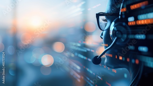 Tech support agent with a headset, urban cityscape background, representing modern communication and customer service, high resolution