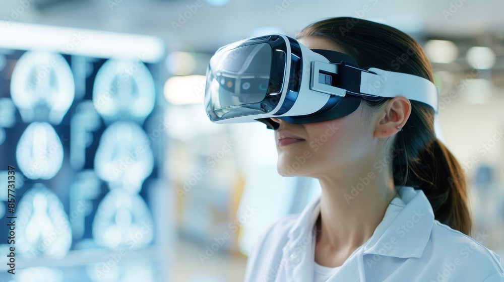 Medical professional using VR headset to study brain anatomy, representing immersive technology in neuroscience, modern and innovative Medical professional using VR headset to study brain anatomy, representing immersive technology in neuroscience, modern and innovative
