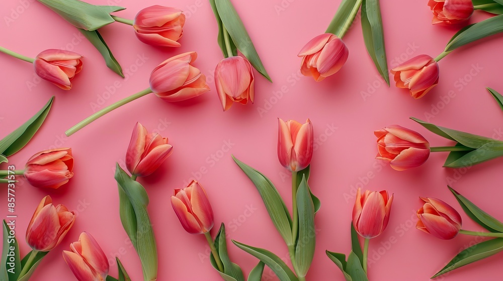Spring Tulip Flowers on Pink Background Top View for Mother's Day Greeting Spring Tulip Flowers on Pink Background Top View for Mother's Day Greeting