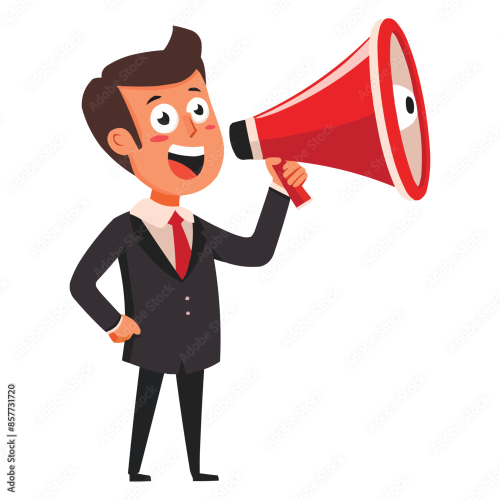 A cartoon-style illustration of an businessman in a black suit holding a megaphone A cartoon-style illustration of an businessman in a black suit holding a megaphone