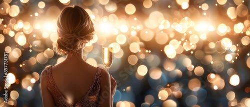 Elegant rear view of a woman in a red cocktail dress at a sophisticated gala, sparkling lights in the background, high resolution