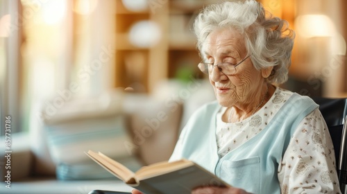 Elderly woman in a wheelchair, reading a book in a cozy living room, warm and inviting, spreading joy in adaptive living, Christ's Healing Journey