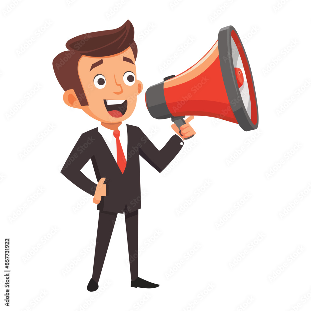 A cartoon-style illustration of an businessman in a black suit holding a megaphone A cartoon-style illustration of an businessman in a black suit holding a megaphone