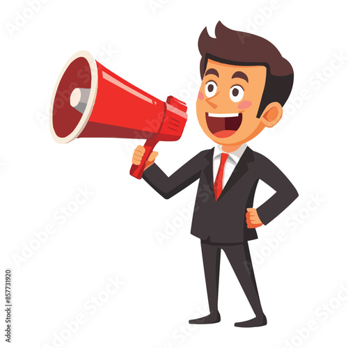 A cartoon-style illustration of an  businessman in a black suit holding a megaphone