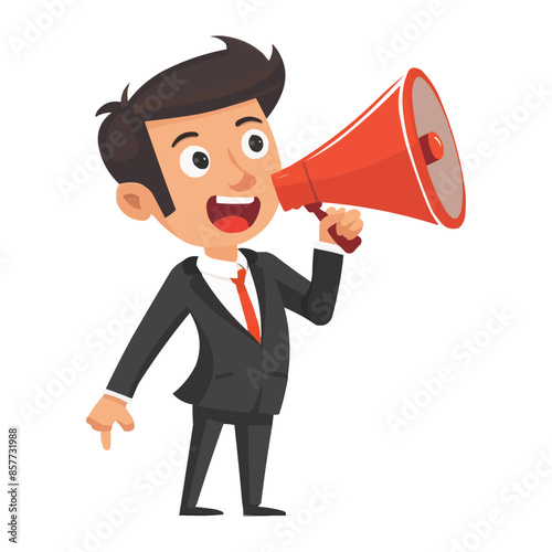 A cartoon-style illustration of an  businessman in a black suit holding a megaphone