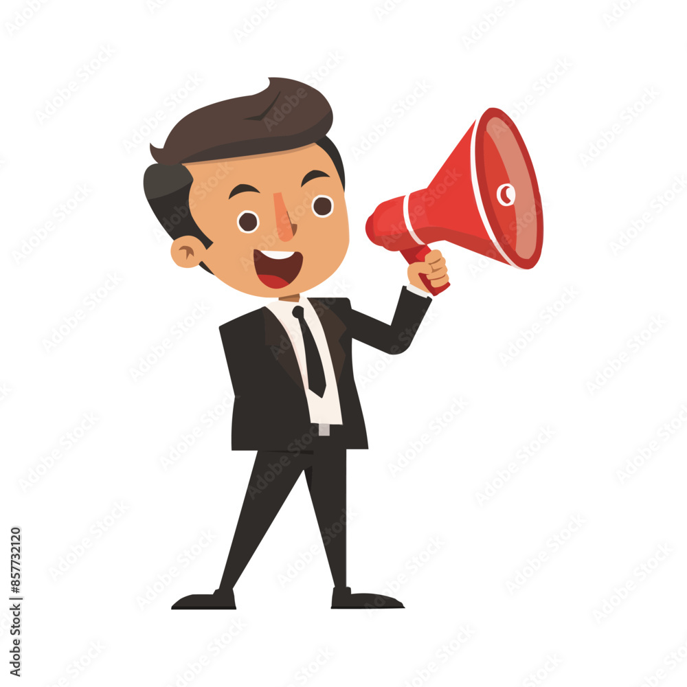 A cartoon-style illustration of an businessman in a black suit holding a megaphone A cartoon-style illustration of an businessman in a black suit holding a megaphone