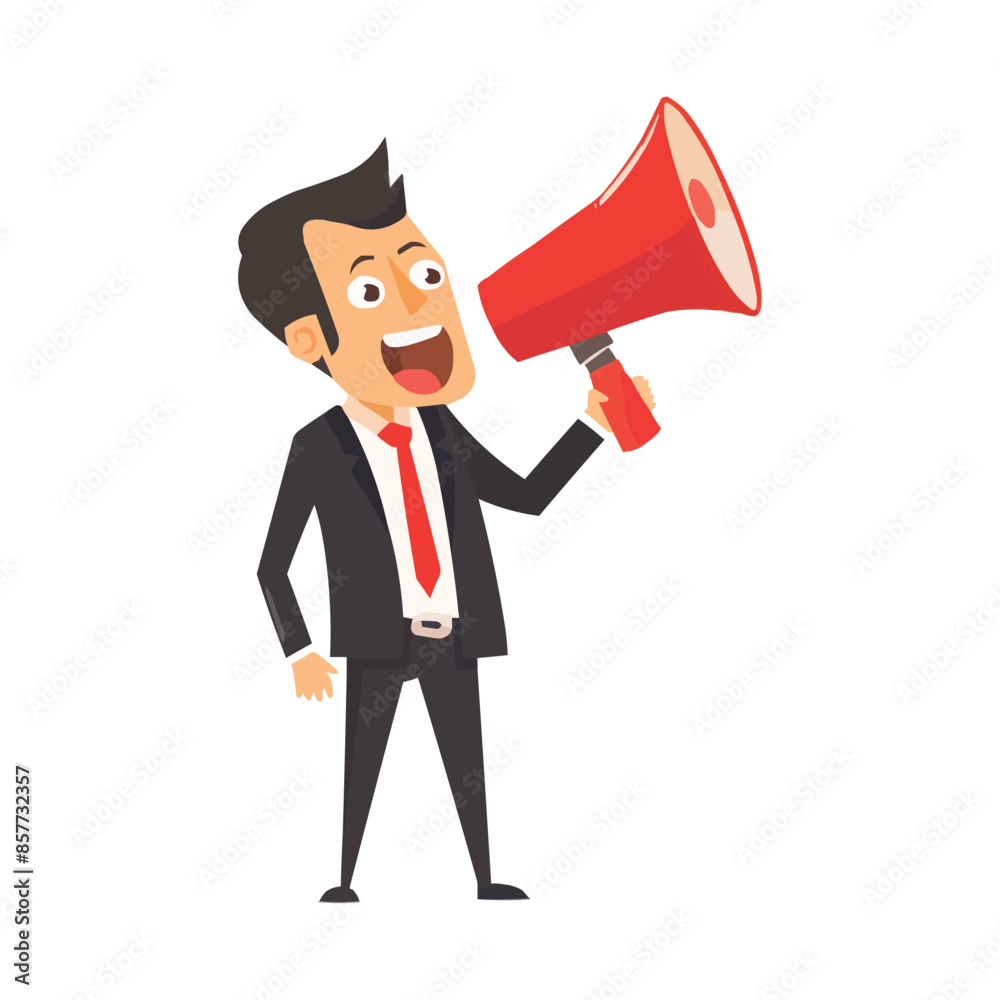 A cartoon-style illustration of an businessman in a black suit holding a megaphone A cartoon-style illustration of an businessman in a black suit holding a megaphone