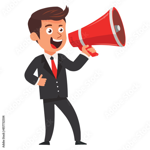 A cartoon-style illustration of an  businessman in a black suit holding a megaphone