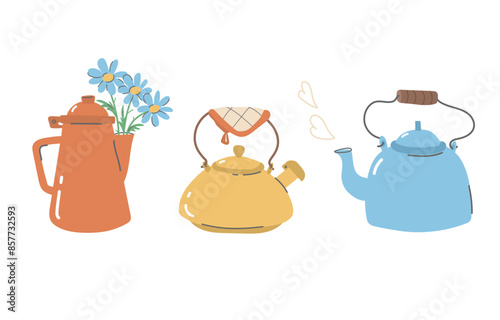 Set of retro teapots. Cozy utensils for the kitchen. Vector kettles for tea time