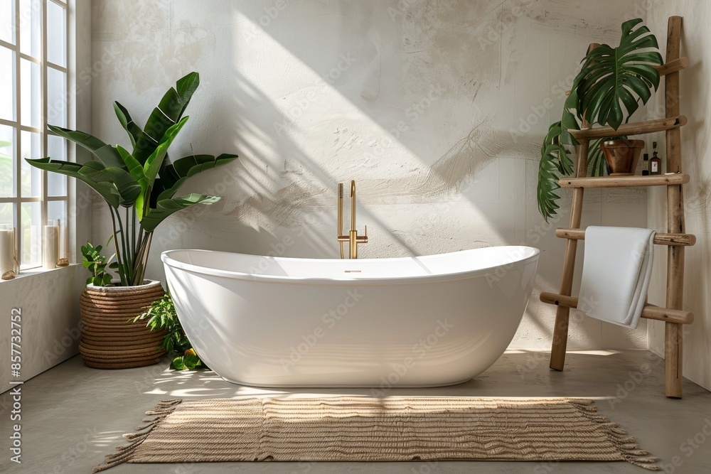 Fototapeta premium Minimalist modern bathroom with a white freestanding bathtub and natural decor