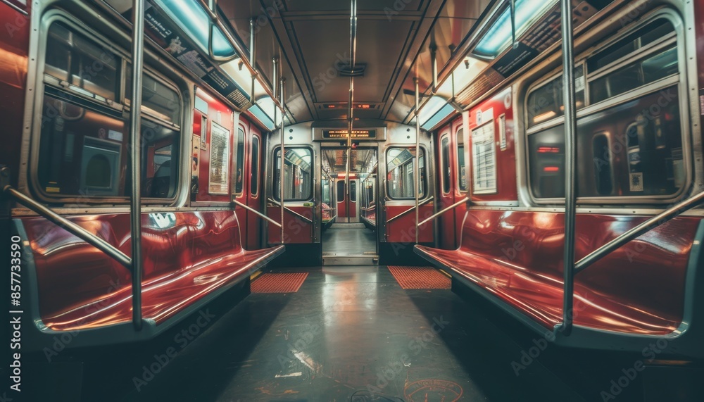 Deserted urban subway car interior within a transportation system setting, void of passengers