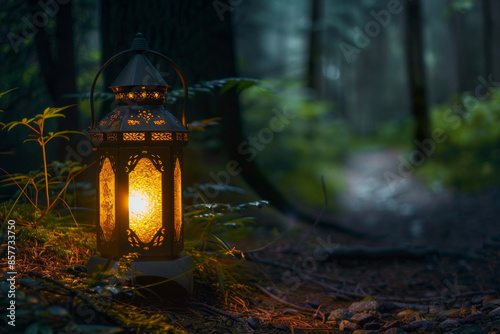 A lantern illuminating a dark, dense forest path  © grey