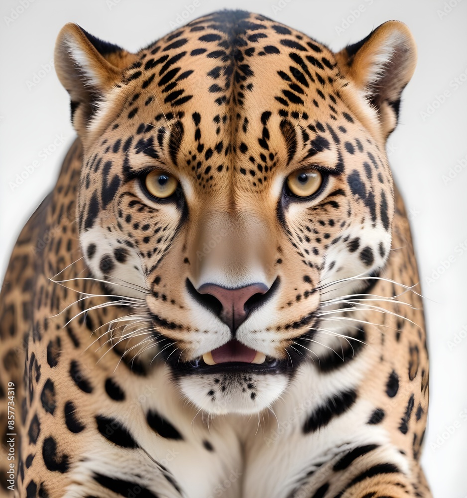 Naklejka premium A close-up portrait of a fierce-looking adult jaguar with its piercing eyes and spotted fur coat 