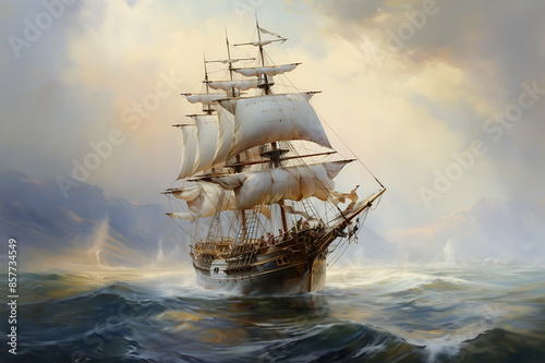 Sailing ship in the sea at sunset. 3D illustration.