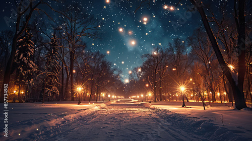 Snowy Park Pathway with Trees Lit by Street Lamps at Night