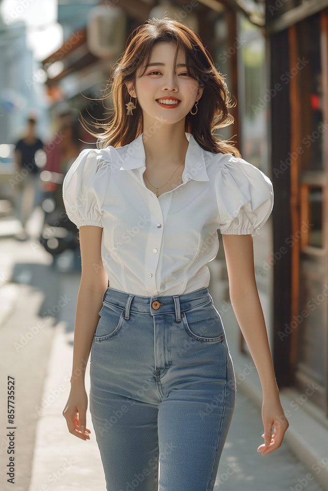 흰색 블라우스 청바지 여성 패션 흰색 블라우스 청바지 여성 패션