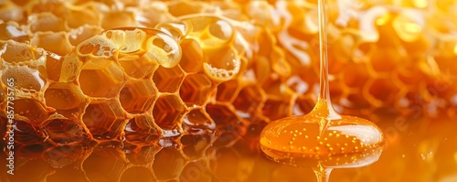Close-up of a honeycomb dripping with golden honey, showcasing natural sweetness photo