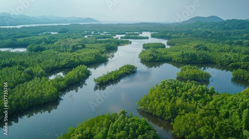 Aerial View of Lush Mangrove Forest and Winding Waterway © Zie