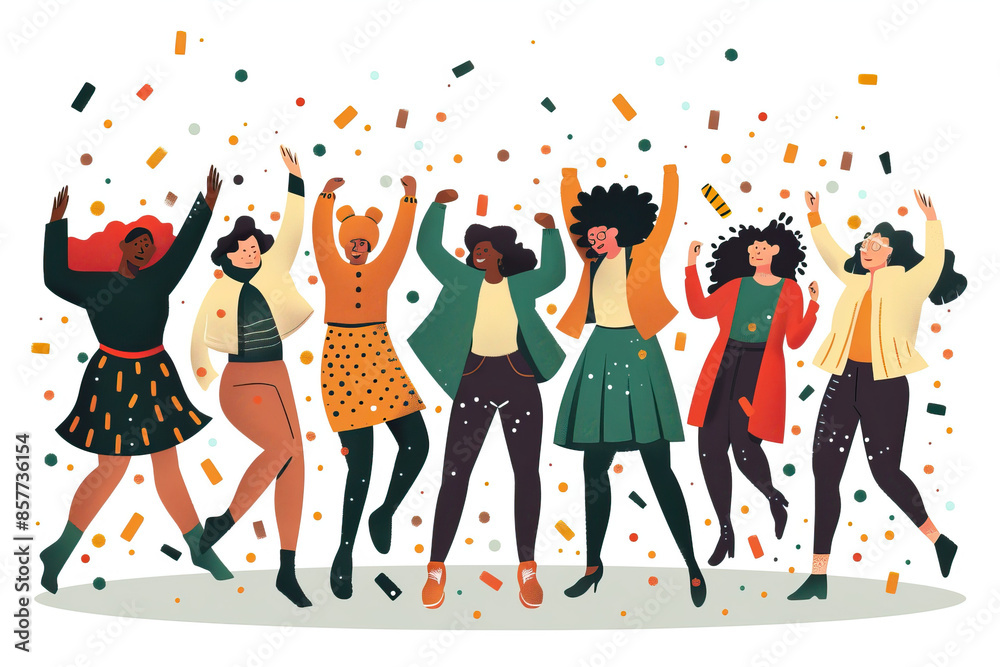 Illustration of Diverse Group of Women Celebrating and Dancing Illustration of Diverse Group of Women Celebrating and Dancing
