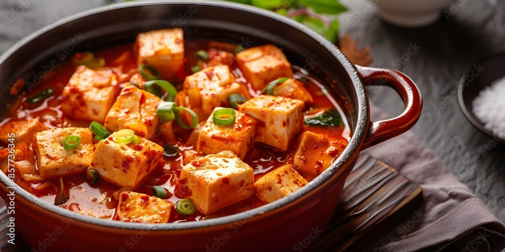 Spicy Korean tofu stew in red pot with dim lighting ambiance. Concept Korean Cuisine, Tofu Stew, Comfort Food, Dim Lighting, Food Photography