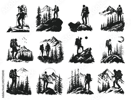 A set of hiking scenario silhouette vector