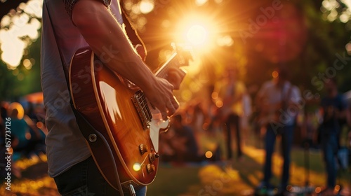 Snapshot of young man playing guitar with friends attend a live music event concert in a park. copy space for text.