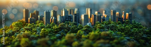 Miniature Cityscape Emerging From Lush Green Foliage at Sunset
