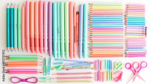 A colorful assortment of stationery items including pencils, pens, erasers, and scissors. Perfect for school or office use.