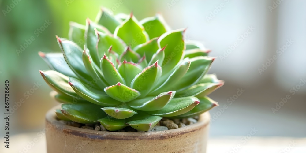 Succulent plant with small green leaves and red edges in a pot. Concept ...