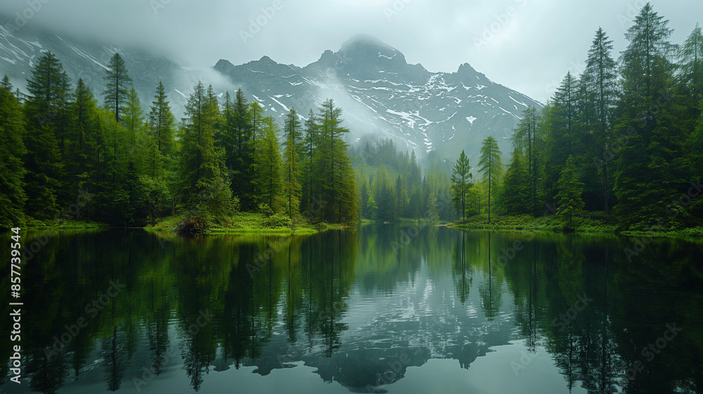 A row of green trees,On the back is a snowy mountain, and in front is a lake ,Long shot shooting, A row of green trees,On the back is a snowy mountain, and in front is a lake ,Long shot shooting,
