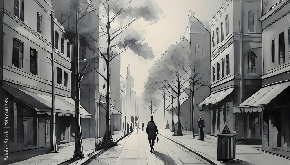 Obraz premium Minimalist sketch perspective Exteriors of sidewalks, Drawing pen with oil pastels on digital art concept.