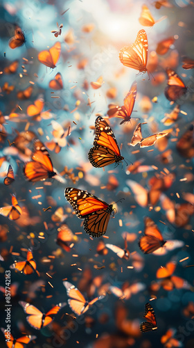 Thousands of butterfliesflying up towards the sky, Beautiful Lighting, chaotic background, X-Ray photo