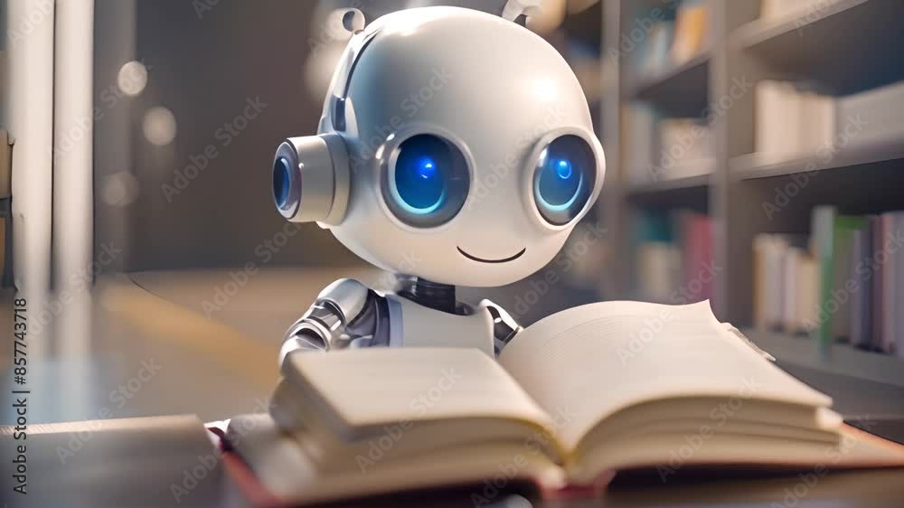Robot Reading Book in Library Generative AI Robot Reading Book in Library Generative AI