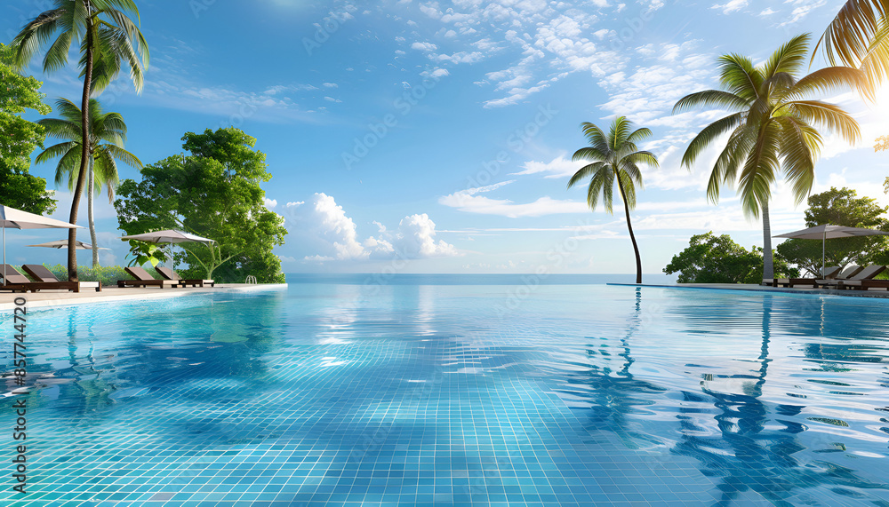 Image of an infinity pool at a luxury resort, vacation, relaxation, travel, swimming pool, infinity pool, coconut tree, tropical, resort, sky, clouds, water, landscape, AI-generated. Image of an infinity pool at a luxury resort, vacation, relaxation, travel, swimming pool, infinity pool, coconut tree, tropical, resort, sky, clouds, water, landscape, AI-generated.