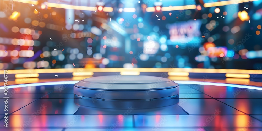 TV news studio set with newscaster and background for news program. Concept News Studio Set, Newscaster, TV News Background, News Program, Studio Lighting