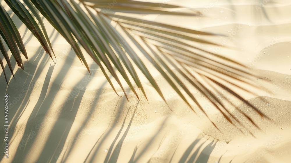 Tropical palm leaf shadow. Summer beach sand fashion background