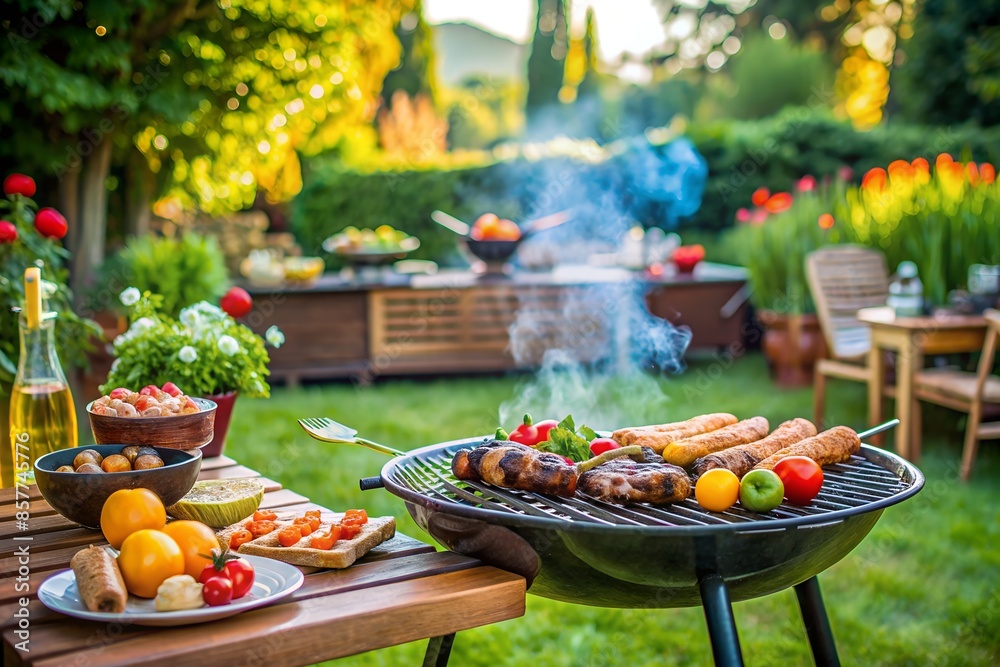 Close-Up Of Backyard Barbecue With Grilled Food In Outdoor Setting Close-Up Of Backyard Barbecue With Grilled Food In Outdoor Setting